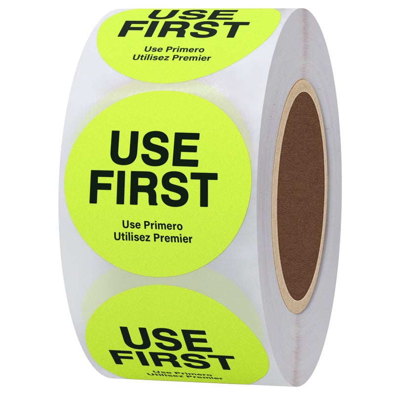Hybsk Fluorescence USE First Stickers Restaurant Food Service FIFO Label 1.5 Inch Total 500 Labels Per Roll (Fluorescence Yellow) - Image 1